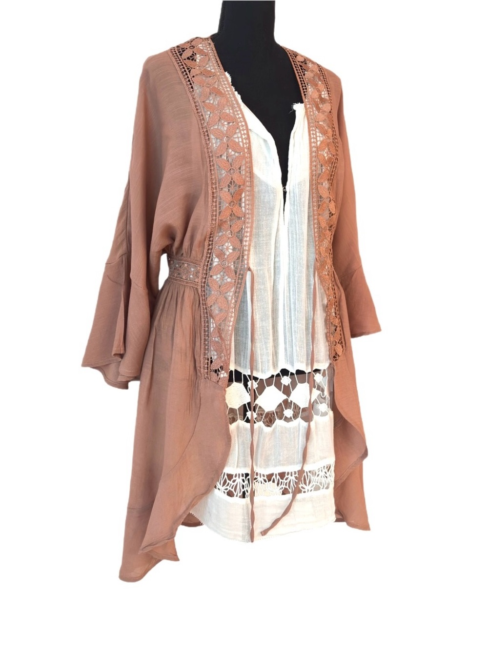 LOVE TREE ~ Bohemian Mocha Kimono with Embroidered Trim size M - Picture 5 of 10